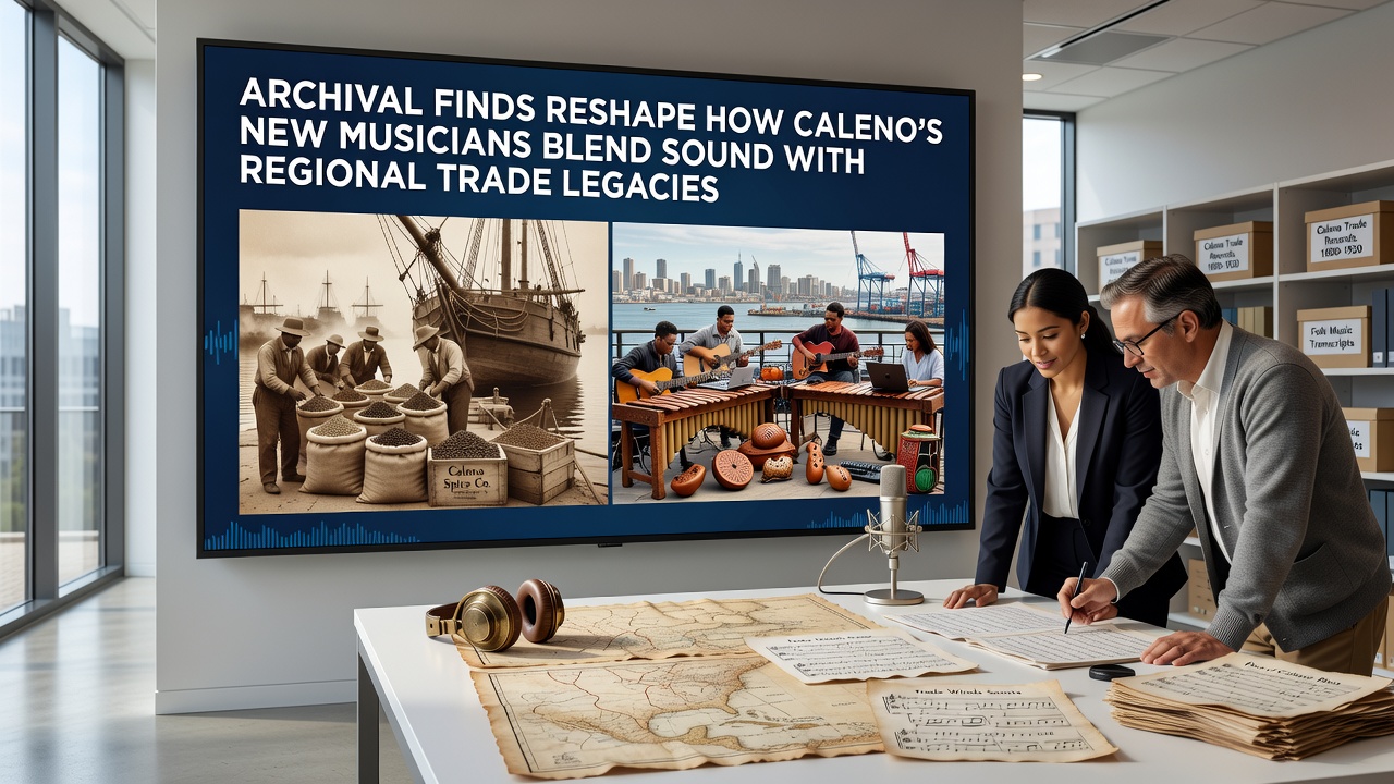 Musicians in Caleno studio reviewing historical trade documents while composing