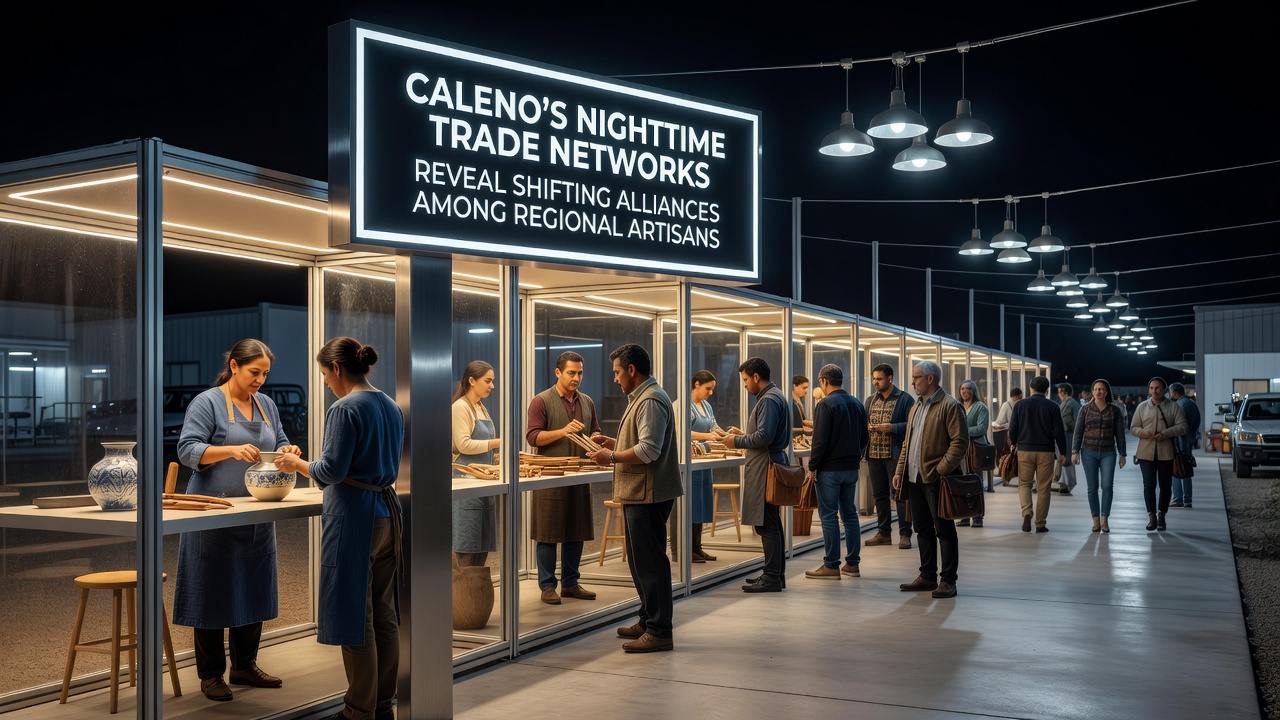 Group of regional artisans negotiating over textiles and metalwork at a nighttime gathering